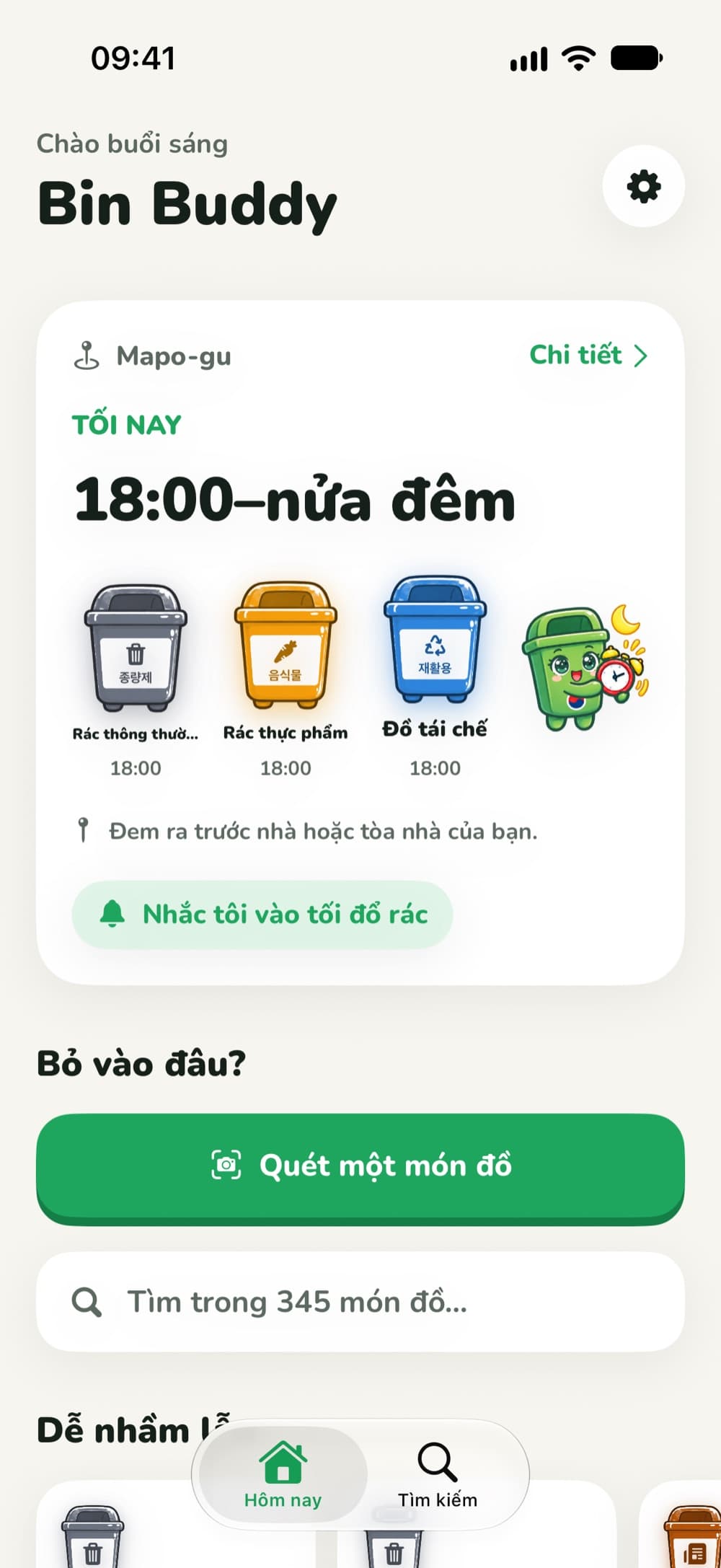 Màn hình Hôm nay của Bin Buddy, với giờ thu gom tối nay ở Mapo-gu